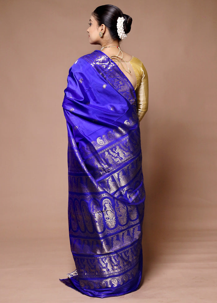 Blue Handloom Baluchari Pure Silk Saree With Blouse Piece