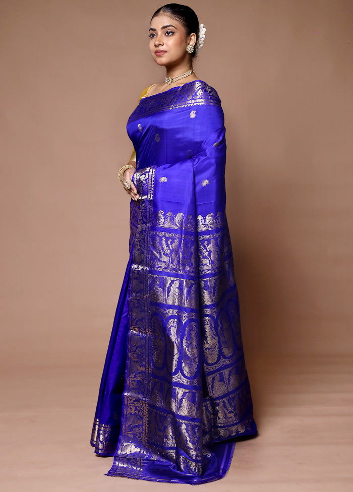 Blue Handloom Baluchari Pure Silk Saree With Blouse Piece