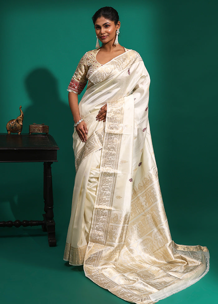White Handloom Baluchari Pure Silk Saree With Blouse Piece