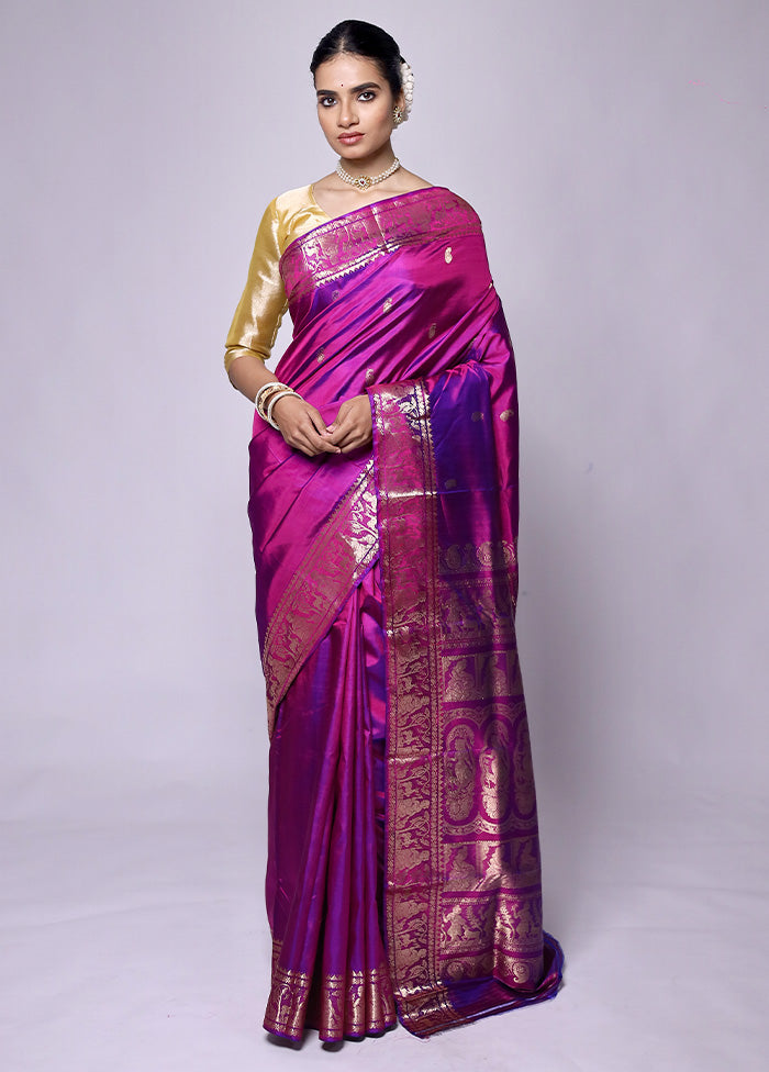 Purple Handloom Baluchari Pure Silk Saree With Blouse Piece