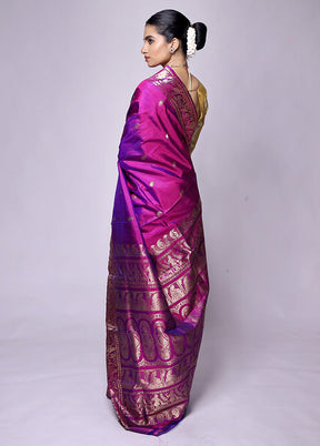 Purple Handloom Baluchari Pure Silk Saree With Blouse Piece