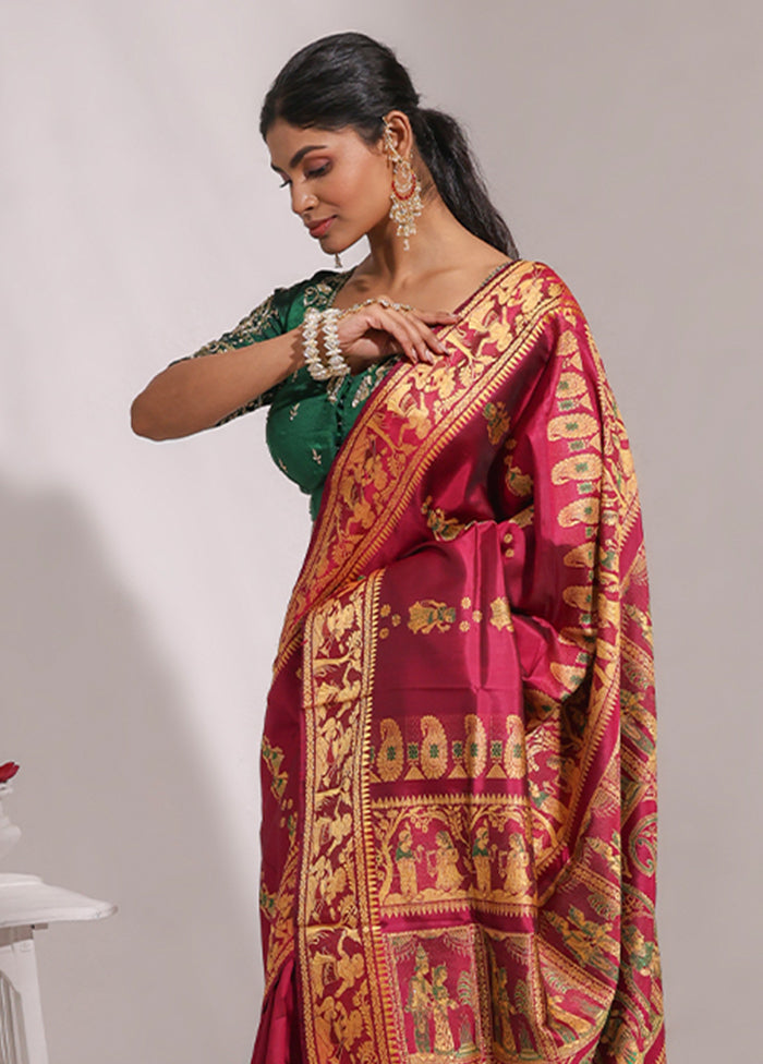 Purple Handloom Baluchari Pure Silk Saree With Blouse Piece