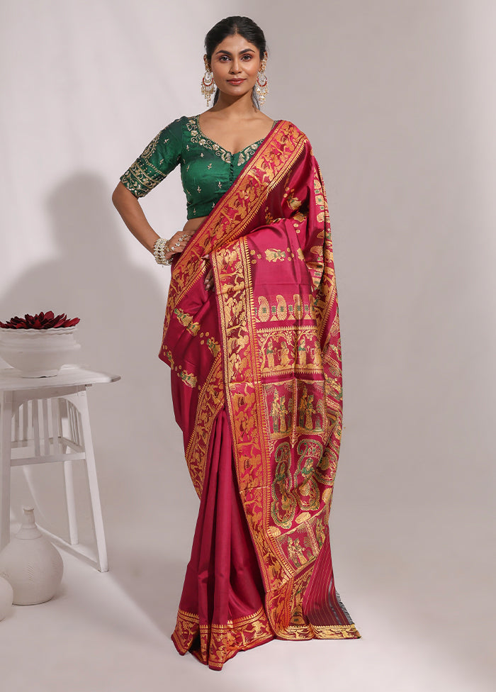 Purple Handloom Baluchari Pure Silk Saree With Blouse Piece