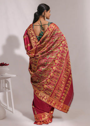 Purple Handloom Baluchari Pure Silk Saree With Blouse Piece