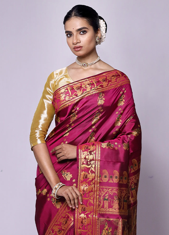 Maroon Handloom Baluchari Pure Silk Saree With Blouse Piece