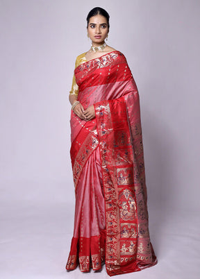 Red Handloom Baluchari Pure Silk Saree With Blouse Piece