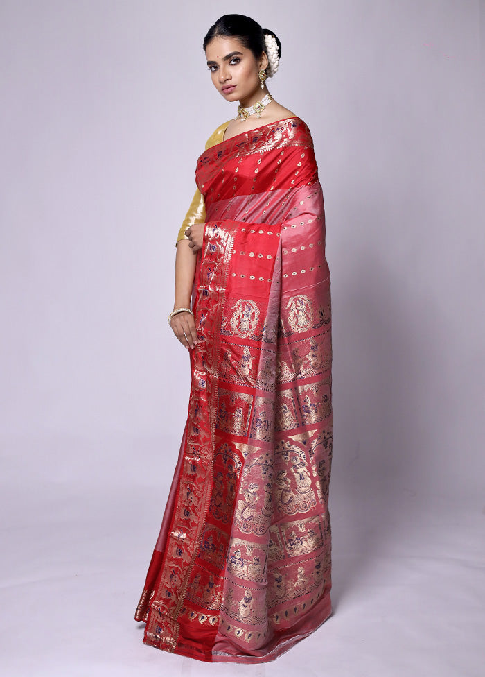 Red Handloom Baluchari Pure Silk Saree With Blouse Piece