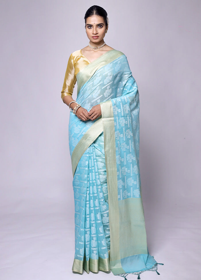 Blue Kora Silk Saree With Blouse Piece