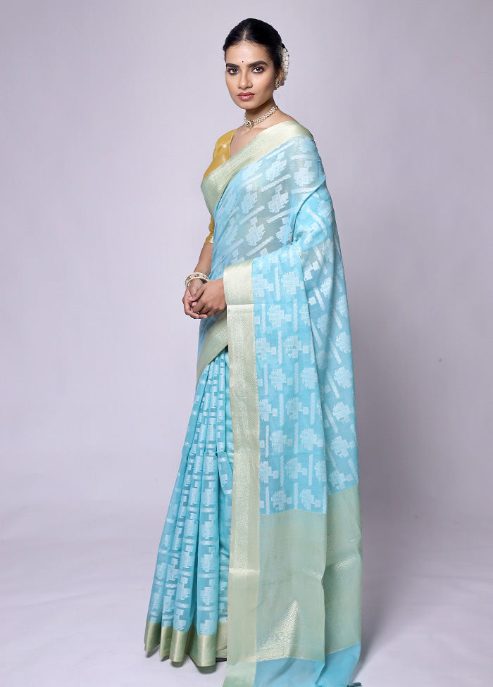 Blue Kora Silk Saree With Blouse Piece