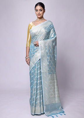 Blue Tissue Silk Saree With Blouse Piece