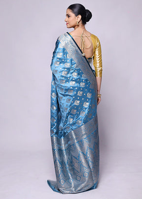 Blue Banarasi Silk Saree With Blouse Piece