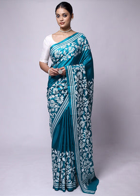 Blue Handloom Kantha Stitch Pure Silk Saree With Blouse Piece