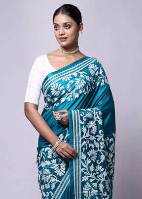 Blue Handloom Kantha Stitch Pure Silk Saree With Blouse Piece