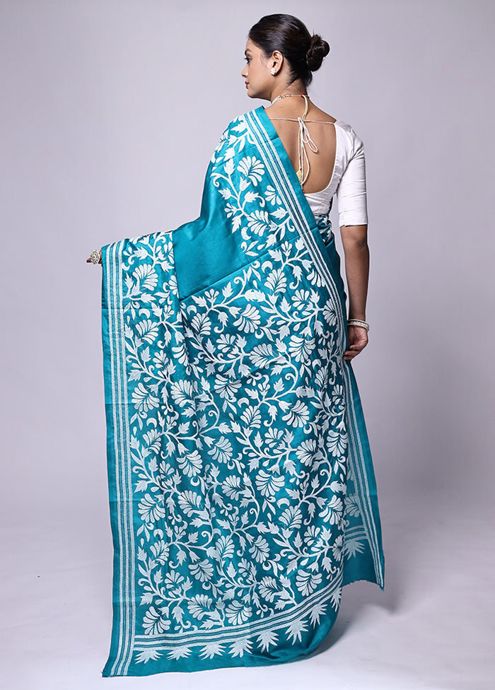 Blue Handloom Kantha Stitch Pure Silk Saree With Blouse Piece