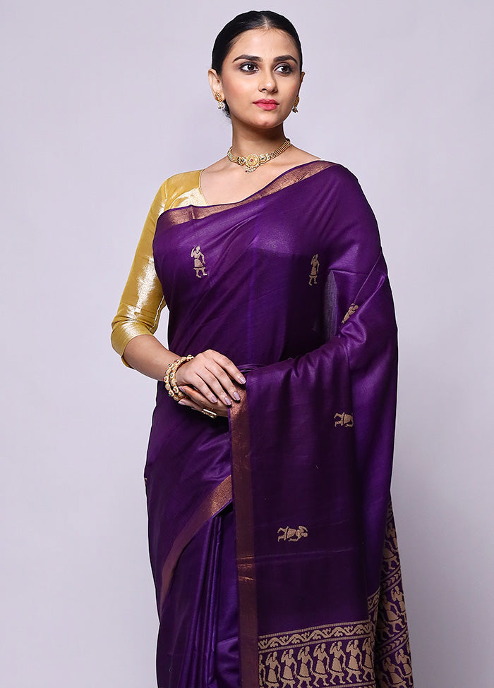 Purple Handloom Tussar Pure Silk Saree With Blouse Piece