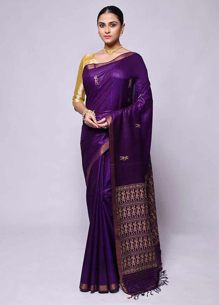 Purple Handloom Tussar Pure Silk Saree With Blouse Piece