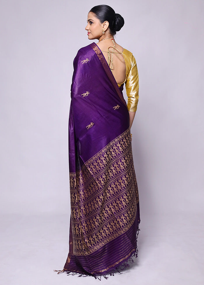 Purple Handloom Tussar Pure Silk Saree With Blouse Piece