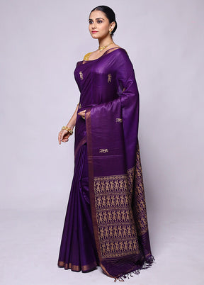 Purple Handloom Tussar Pure Silk Saree With Blouse Piece