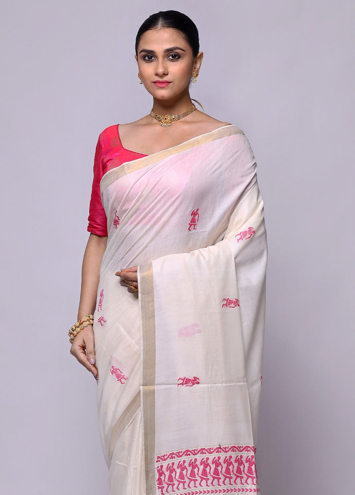 White Handloom Tussar Pure Silk Saree With Blouse Piece