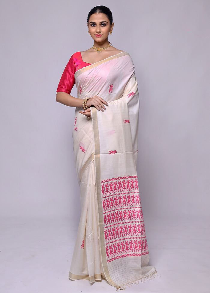 White Handloom Tussar Pure Silk Saree With Blouse Piece