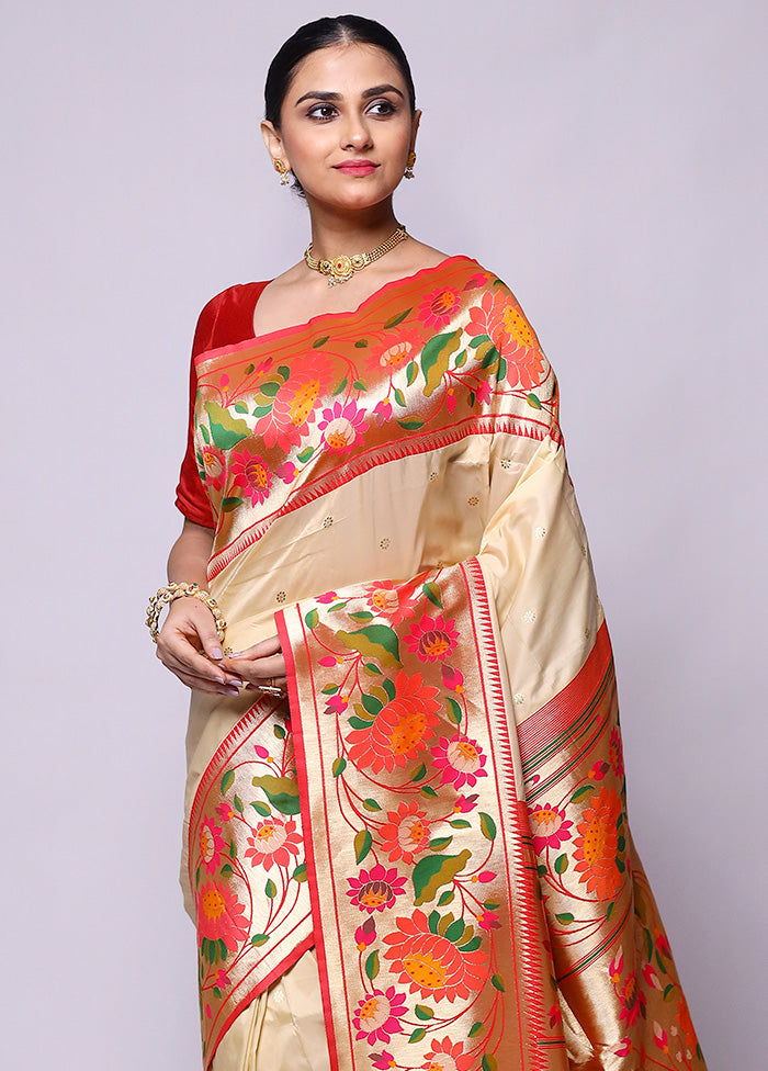 Cream Katan Silk Saree With Blouse Piece