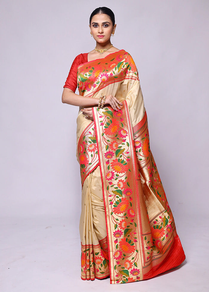 Cream Katan Silk Saree With Blouse Piece