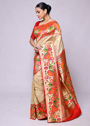 Cream Katan Silk Saree With Blouse Piece