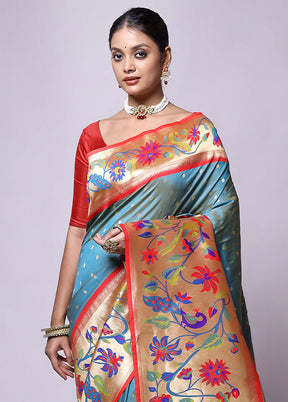 Blue Handloom Katan Pure Silk Saree With Blouse Piece