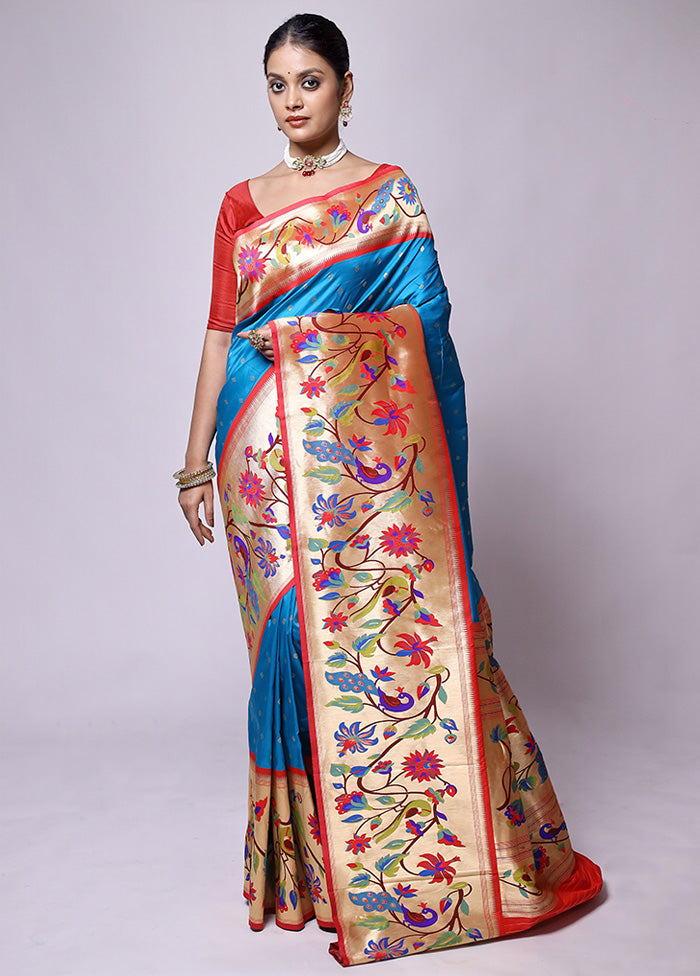 Blue Handloom Katan Pure Silk Saree With Blouse Piece