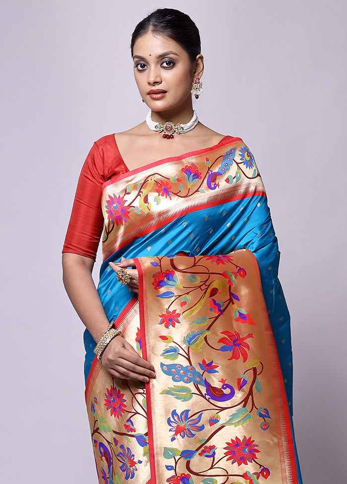 Blue Handloom Katan Pure Silk Saree With Blouse Piece