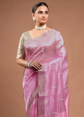 Pink Handloom Chanderi Pure Cotton Saree With Blouse Piece