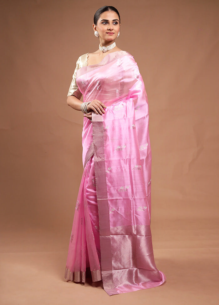 Pink Handloom Chanderi Pure Cotton Saree With Blouse Piece