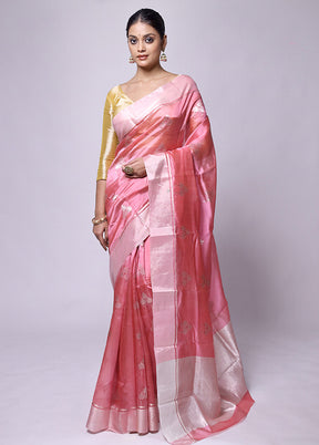 Pink Handloom Chanderi Pure Cotton Saree With Blouse Piece