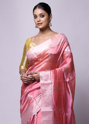 Pink Handloom Chanderi Pure Cotton Saree With Blouse Piece