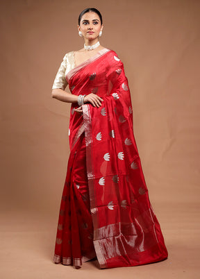 Red Handloom Chanderi Pure Cotton Saree With Blouse Piece