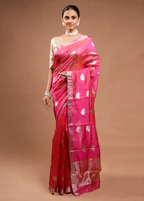 Pink Handloom Chanderi Pure Cotton Saree With Blouse Piece