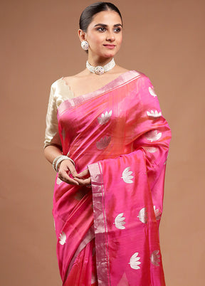 Pink Handloom Chanderi Pure Cotton Saree With Blouse Piece