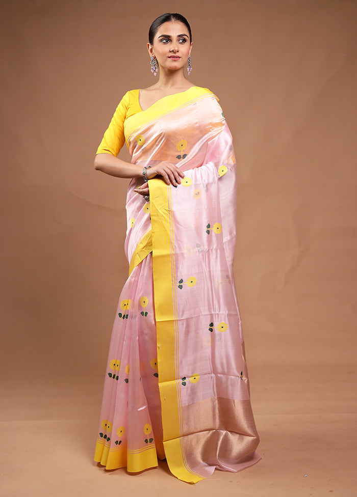 Pink Handloom Chanderi Pure Cotton Saree With Blouse Piece