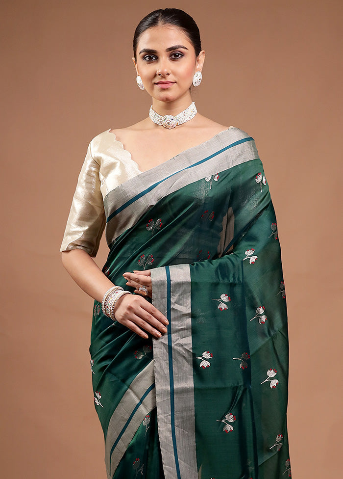 Green Handloom Chanderi Pure Cotton Saree With Blouse Piece