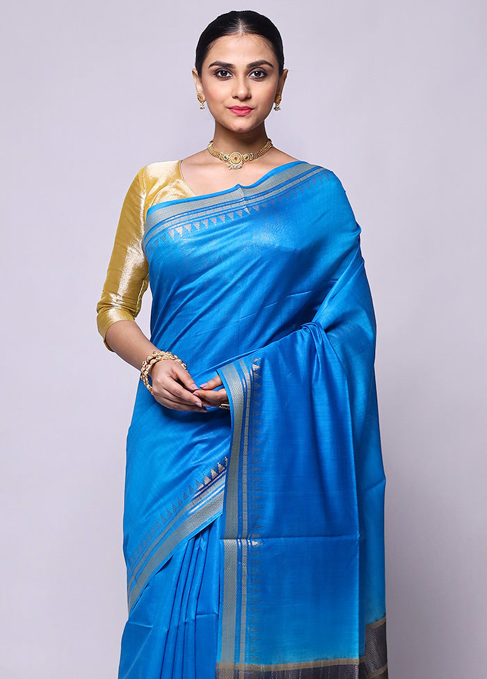 Blue Handloom Tussar Pure Silk Saree With Blouse Piece