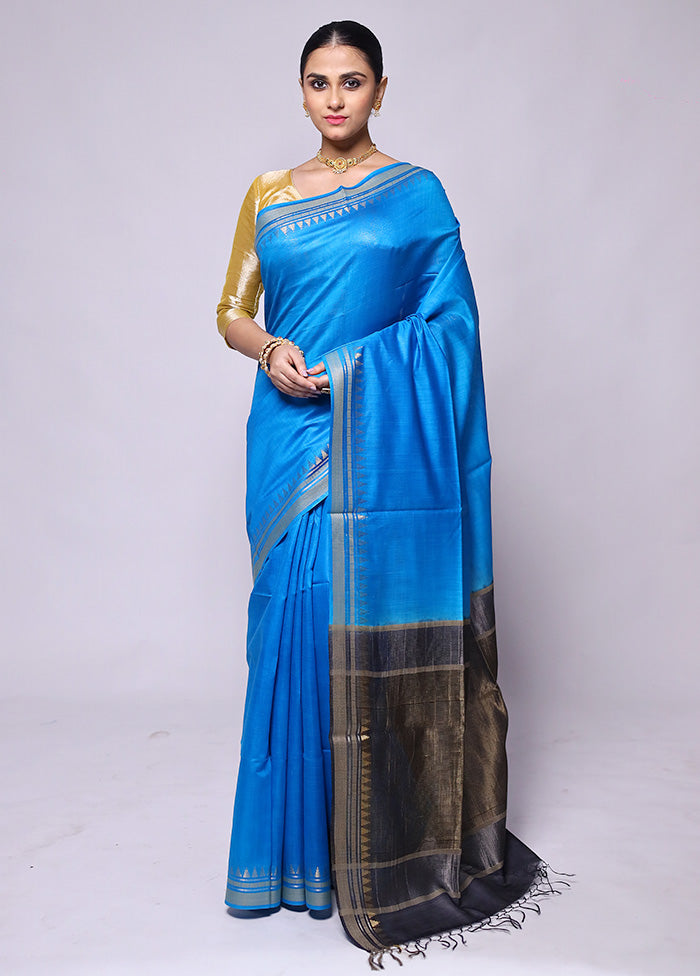 Blue Handloom Tussar Pure Silk Saree With Blouse Piece