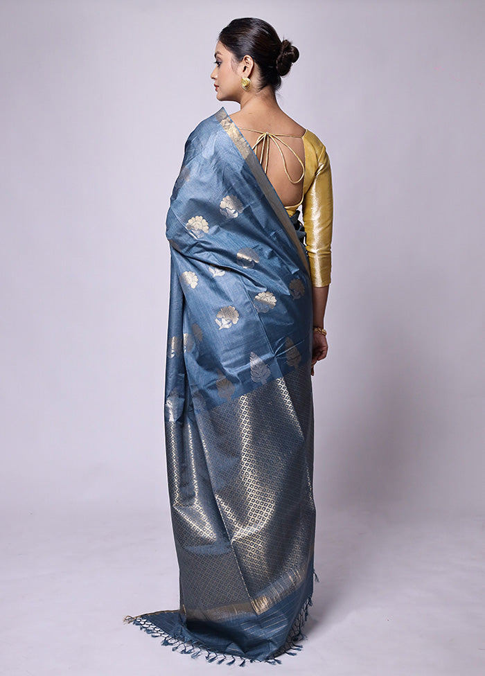 Grey Handloom Tussar Pure Silk Saree With Blouse Piece