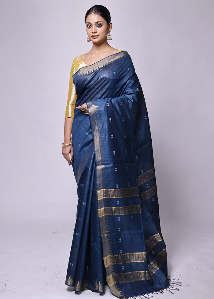 Blue Tussar Silk Saree With Blouse Piece