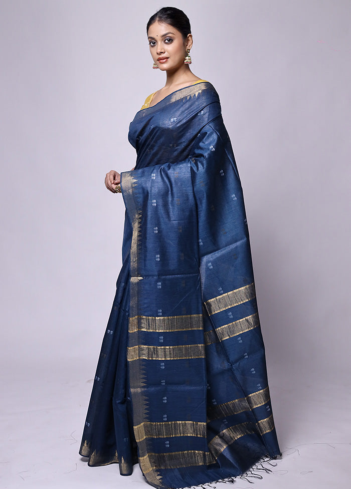 Blue Tussar Silk Saree With Blouse Piece