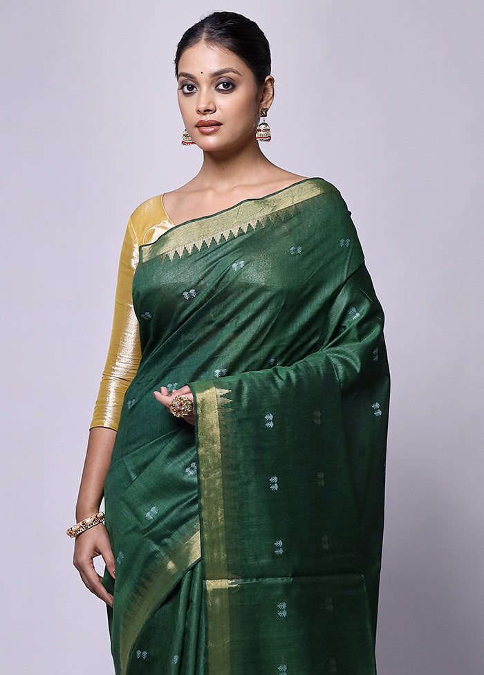 Green Tussar Silk Saree With Blouse Piece