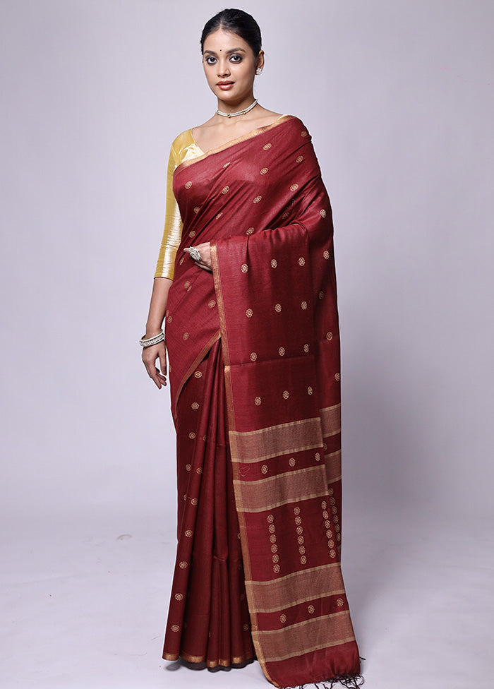 Maroon Tussar Silk Saree With Blouse Piece