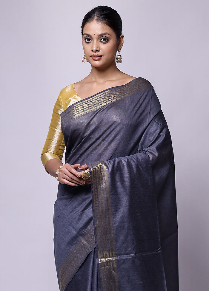 Grey Tussar Silk Saree With Blouse Piece