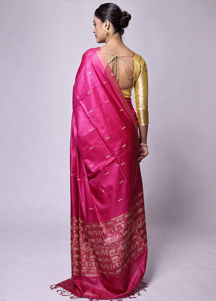 Pink Handloom Tussar Pure Silk Saree With Blouse Piece