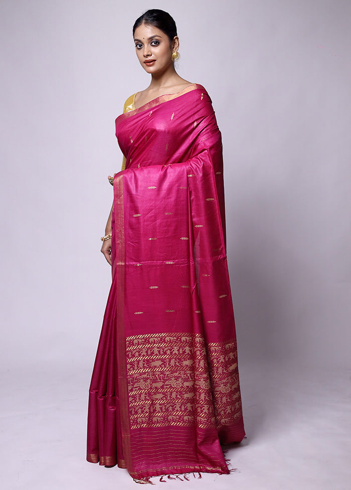 Pink Handloom Tussar Pure Silk Saree With Blouse Piece