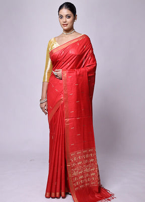 Red Handloom Tussar Pure Silk Saree With Blouse Piece